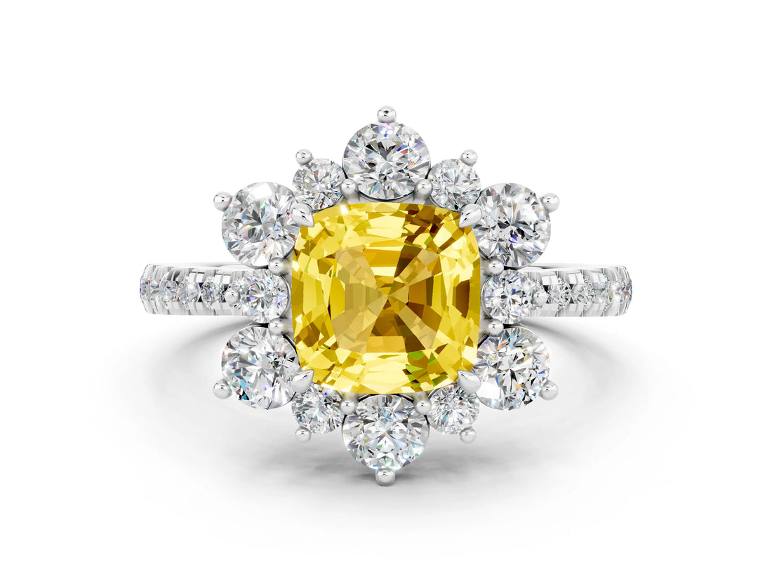 White gold Cushion Cut Cut Diamond Floral Halo Pave Band with Prong Setting