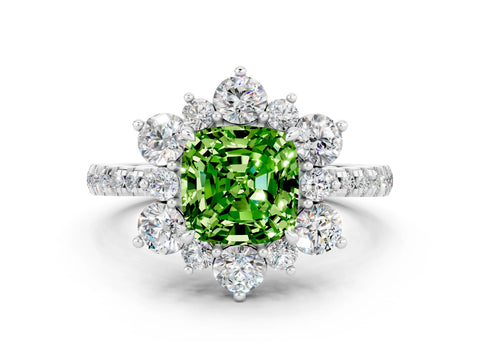 White gold Cushion Cut Cut Diamond Floral Halo Pave Band with Prong Setting