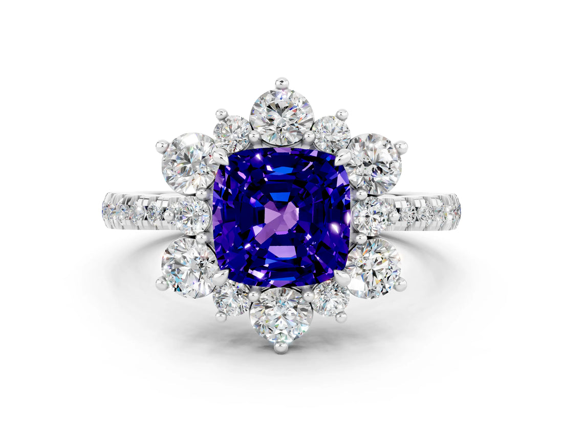 White gold Cushion Cut Cut Diamond Floral Halo Pave Band with Prong Setting