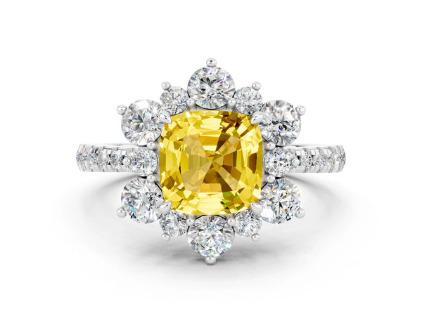 Silver Cushion Cut Yellow Sapphire Floral Halo Ring with Round Pavé Band and Prong Setting