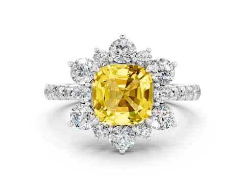 White gold Cushion Cut Cut Diamond Floral Halo Pave Band with Prong Setting