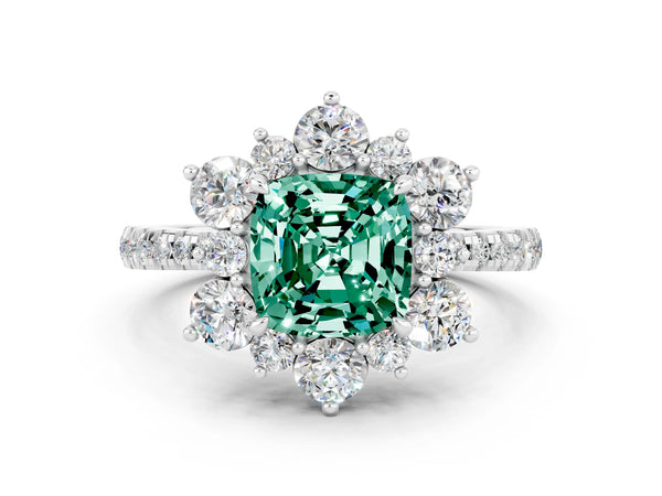 Platinum Cushion Cut Green Sapphire Floral Halo Ring with Round Pavé Band and Prong Setting