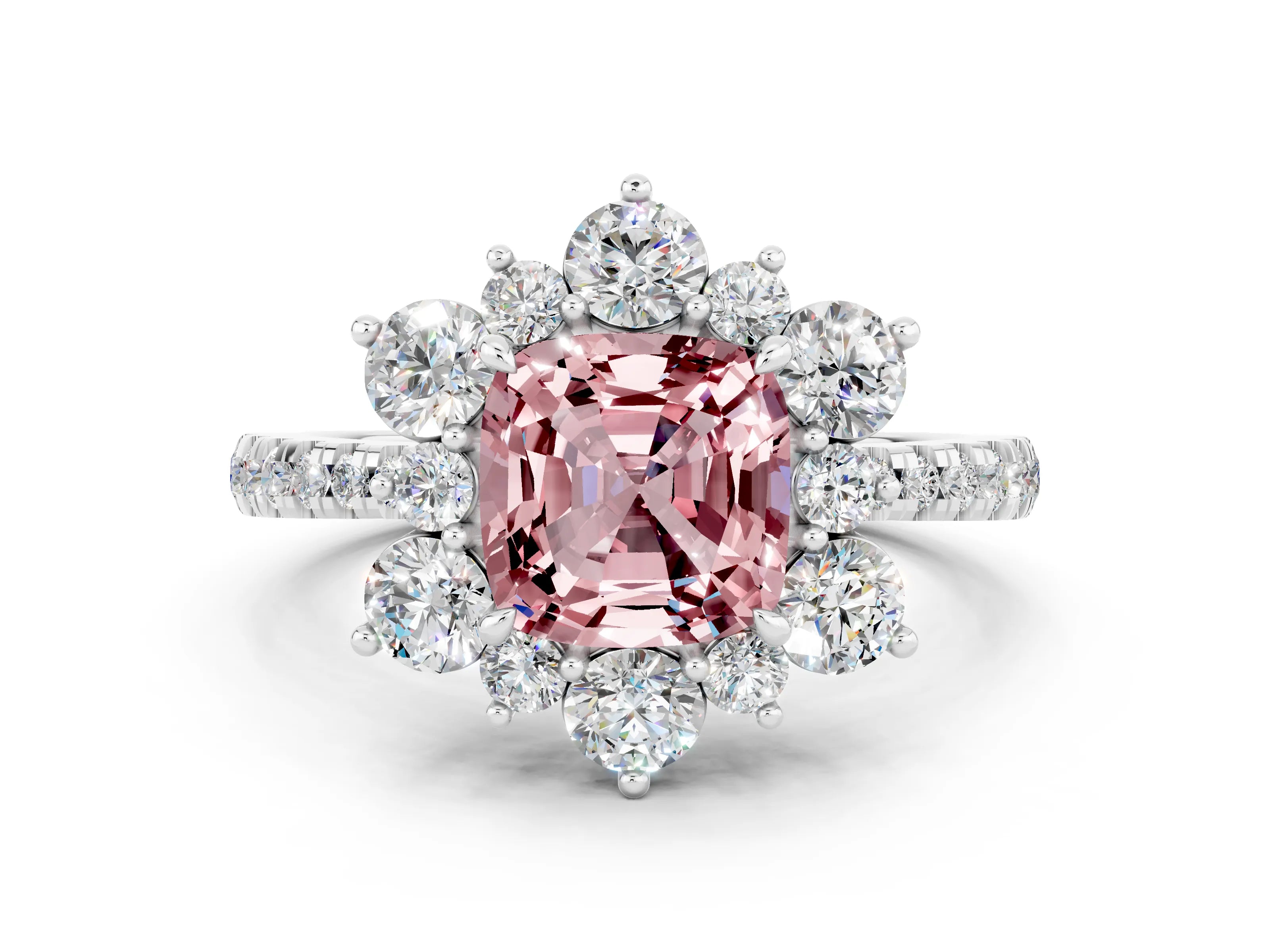 White gold Cushion Cut Cut Diamond Floral Halo Pave Band with Prong Setting