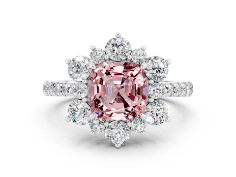 White gold Cushion Cut Cut Diamond Floral Halo Pave Band with Prong Setting