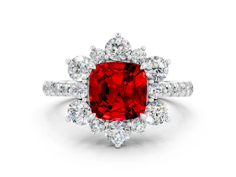 White gold Cushion Cut Cut Diamond Floral Halo Pave Band with Prong Setting
