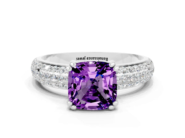 White gold Cushion Cut Amethyst Vintage Milgrain Ring with Round  Stations