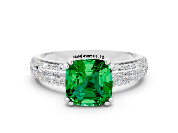 White gold Cushion Cut Emerald Vintage Milgrain Ring with Round  Stations
