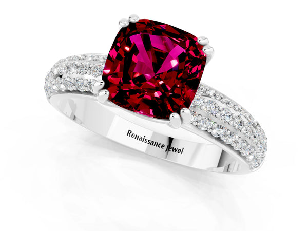 White gold Cushion Cut Garnet Vintage Milgrain Ring with Round  Stations