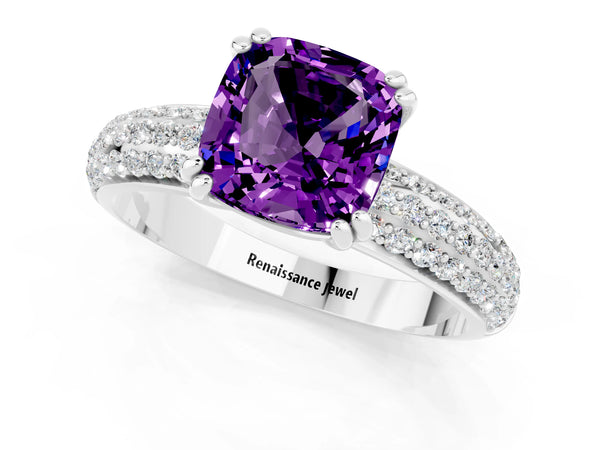 Platinum Cushion Cut Amethyst Vintage Milgrain Ring with Round  Stations