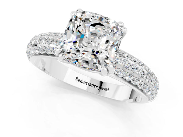 White gold Cushion Cut Moissanite Vintage Milgrain Ring with Round  Stations