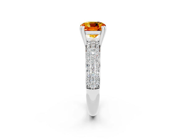 Platinum Cushion Cut Citrine Vintage Milgrain Ring with Round  Stations