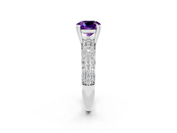 Platinum Cushion Cut Amethyst Vintage Milgrain Ring with Round  Stations