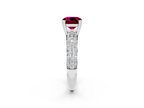 White gold Cushion Cut Garnet Vintage Milgrain Ring with Round  Stations