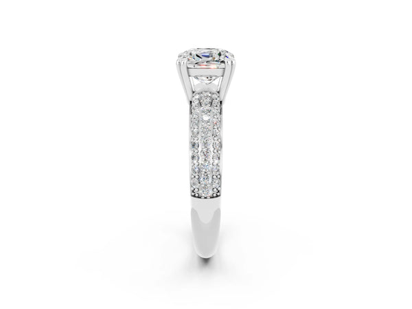 White gold Cushion Cut Moissanite Vintage Milgrain Ring with Round  Stations