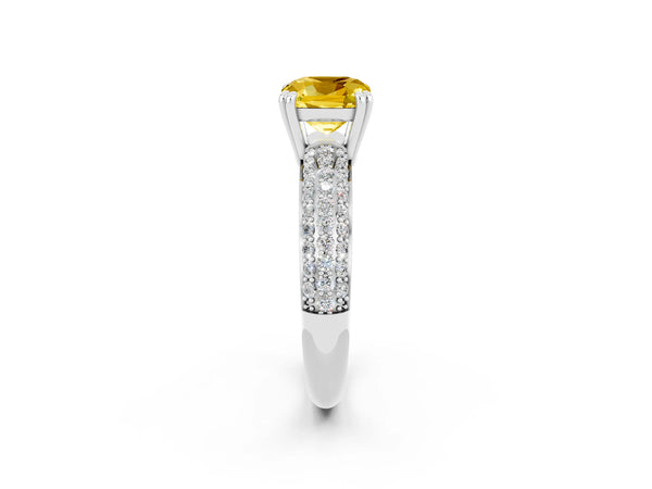 Silver Cushion Cut Yellow Sapphire Vintage Milgrain Ring with Round  Stations