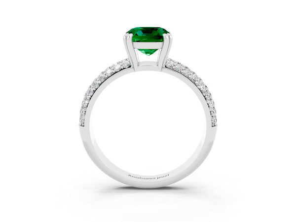 Platinum Cushion Cut Emerald Vintage Milgrain Ring with Round  Stations