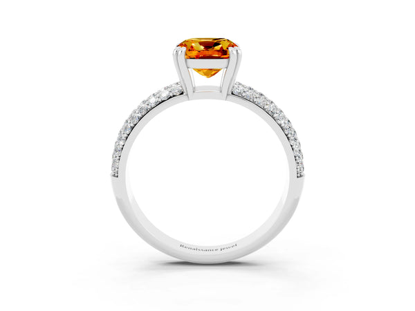 Silver Cushion Cut Citrine Vintage Milgrain Ring with Round  Stations