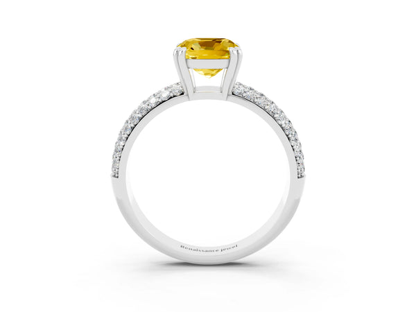White gold Cushion Cut Yellow Sapphire Vintage Milgrain Ring with Round  Stations