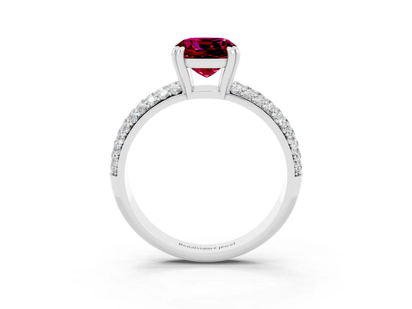 Silver Cushion Cut Garnet Vintage Milgrain Ring with Round  Stations