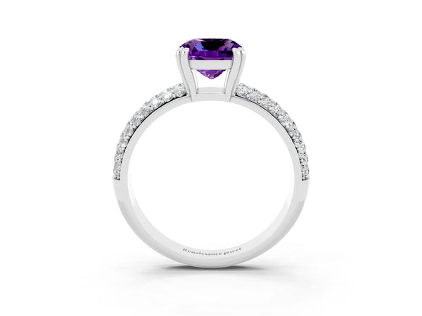 Platinum Cushion Cut Amethyst Vintage Milgrain Ring with Round  Stations