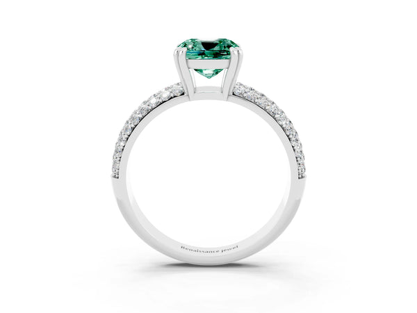 Silver Cushion Cut Green Sapphire Vintage Milgrain Ring with Round  Stations