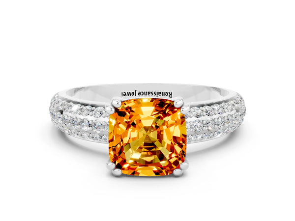 Platinum Cushion Cut Citrine Vintage Milgrain Ring with Round  Stations