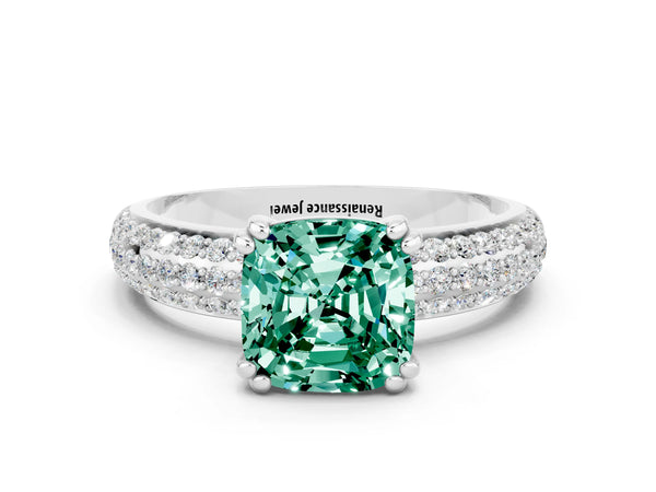 Platinum Cushion Cut Green Sapphire Vintage Milgrain Ring with Round  Stations