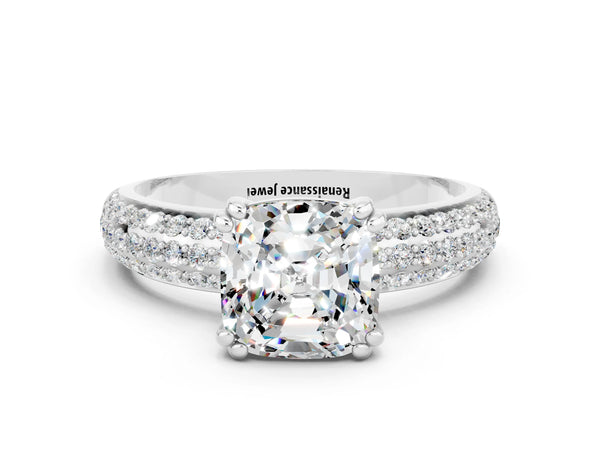 White gold Cushion Cut Moissanite Vintage Milgrain Ring with Round  Stations