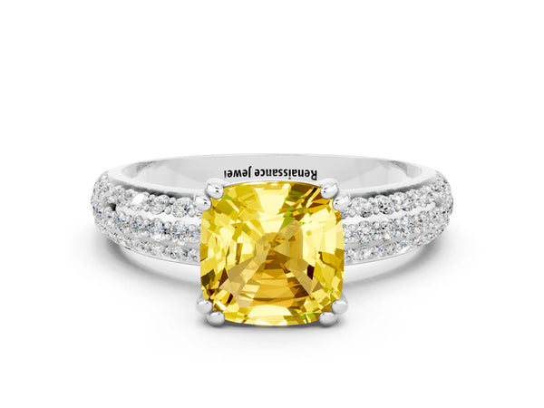 White gold Cushion Cut Yellow Sapphire Vintage Milgrain Ring with Round  Stations
