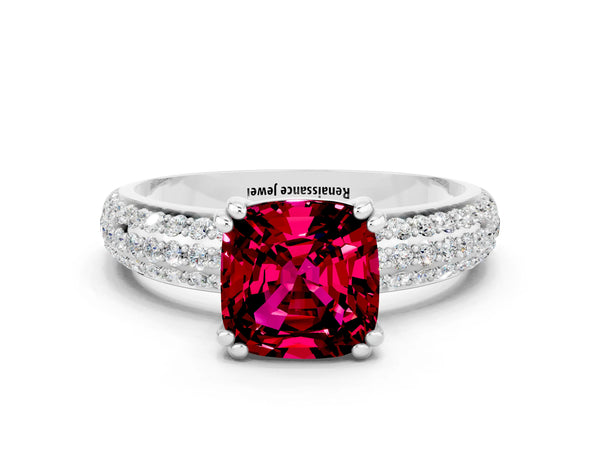 White gold Cushion Cut Garnet Vintage Milgrain Ring with Round  Stations