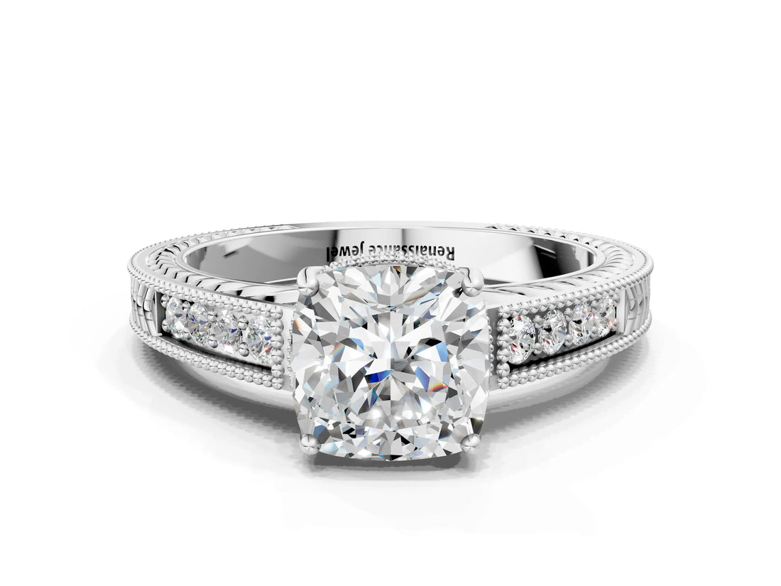 White gold Cushion Cut Cut Diamond Milgrain Pave Band Four-Prong Setting Ring_7