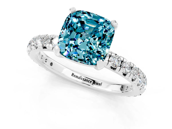 White gold Cushion Cut Cut Diamond Pavé Band with Four-Prong Setting