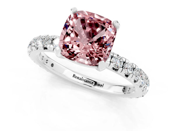 White gold Cushion Cut Cut Diamond Pavé Band with Four-Prong Setting