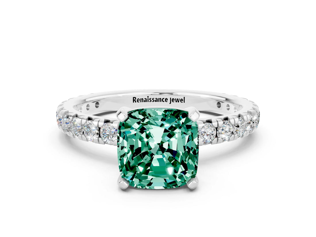 White gold Cushion Cut Cut Diamond Pavé Band with Four-Prong Setting