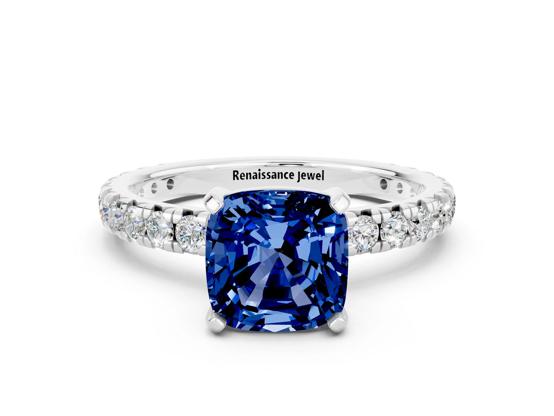 White gold Cushion Cut Cut Diamond Pavé Band with Four-Prong Setting