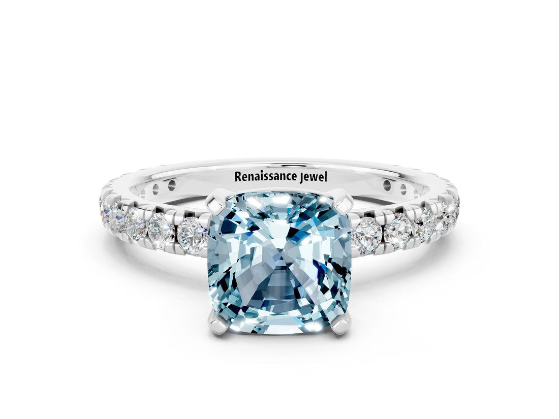 White gold Cushion Cut Cut Diamond Pavé Band with Four-Prong Setting