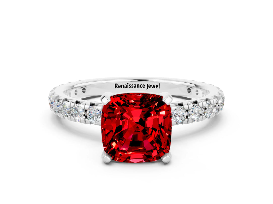 White gold Cushion Cut Cut Diamond Pavé Band with Four-Prong Setting