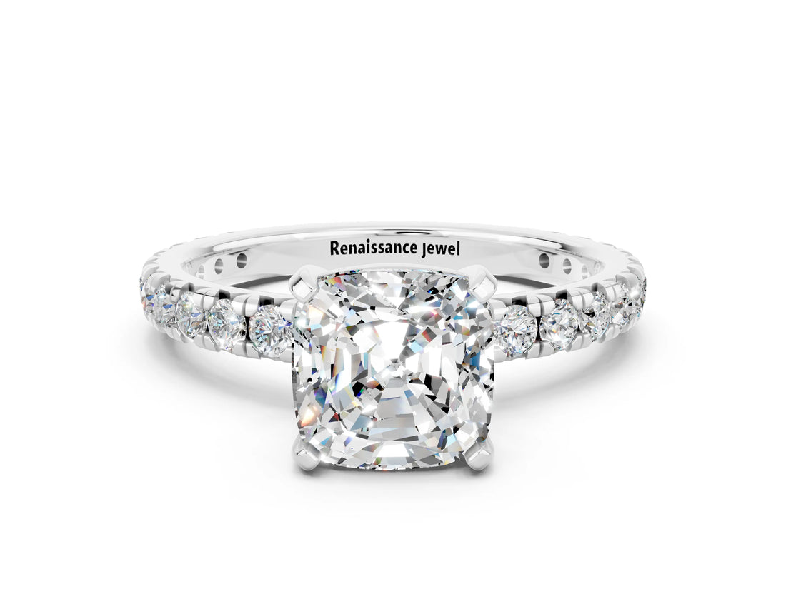 White gold Cushion Cut Cut Diamond Pavé Band with Four-Prong Setting