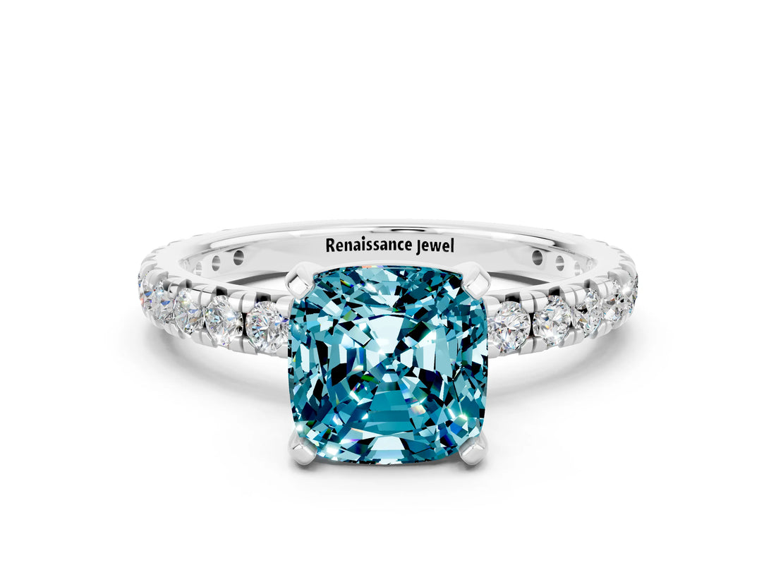 White gold Cushion Cut Cut Diamond Pavé Band with Four-Prong Setting