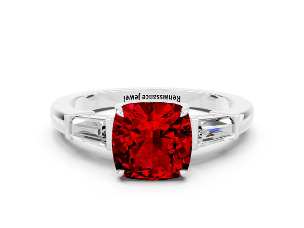 Platinum Cushion Cut Cut Diamond Ring with Tapered Baguette Side Stones in Four-Prong Setting