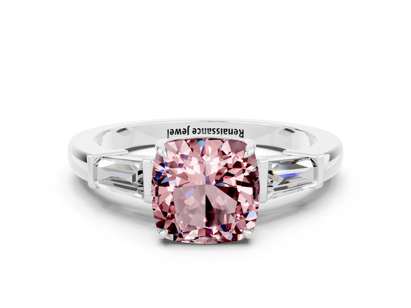 White gold Cushion Cut Cut Diamond Ring with Tapered Baguette Side Stones in Four-Prong Setting