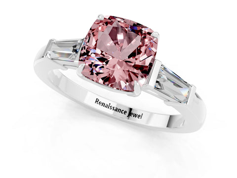 White gold Cushion Cut Cut Diamond Ring with Tapered Baguette Side Stones in Four-Prong Setting_1