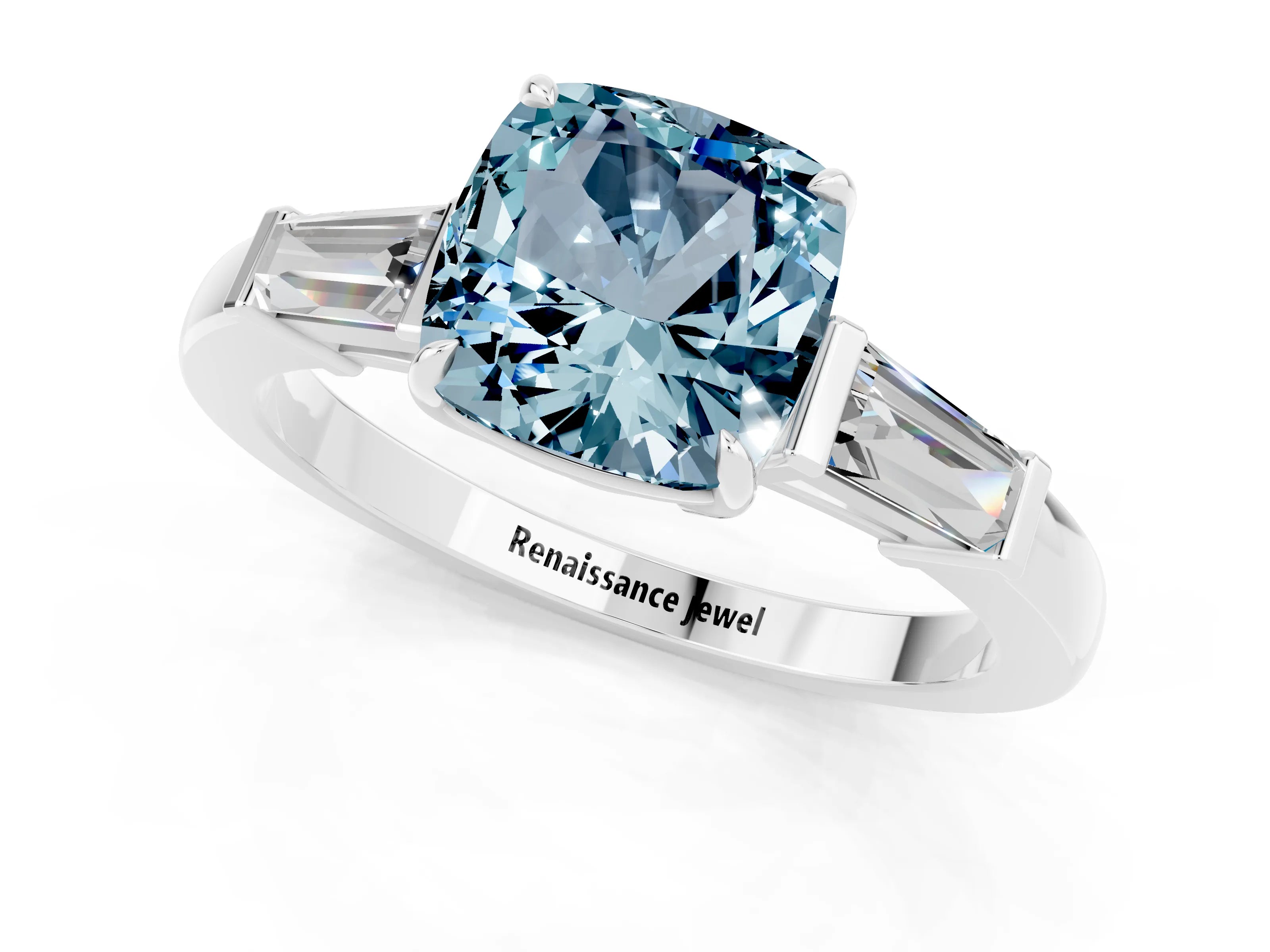 White gold Cushion Cut Cut Diamond Ring with Tapered Baguette Side Stones in Four-Prong Setting_1