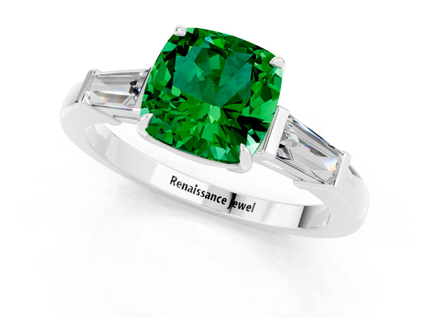 Silver Cushion Cut Emerald Three-Stone Ring with Tapered Baguette Side Stones and Prong Setting