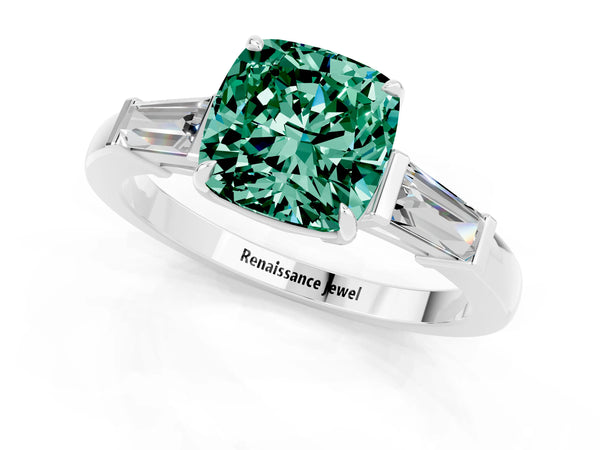Silver Cushion Cut Green Sapphire Three-Stone Ring with Tapered Baguette Side Stones and Prong Setting