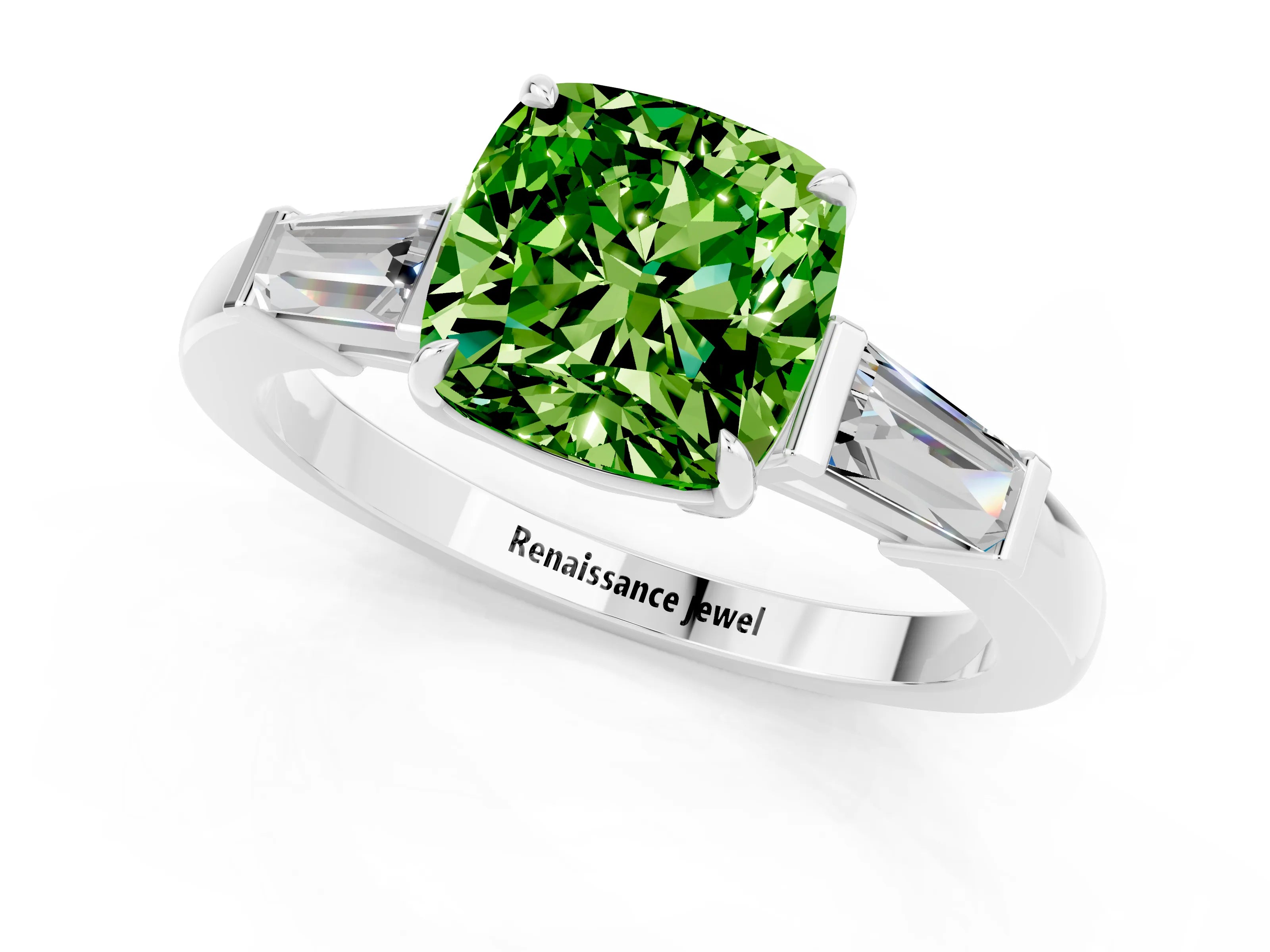 White gold Cushion Cut Cut Diamond Ring with Tapered Baguette Side Stones in Four-Prong Setting_1