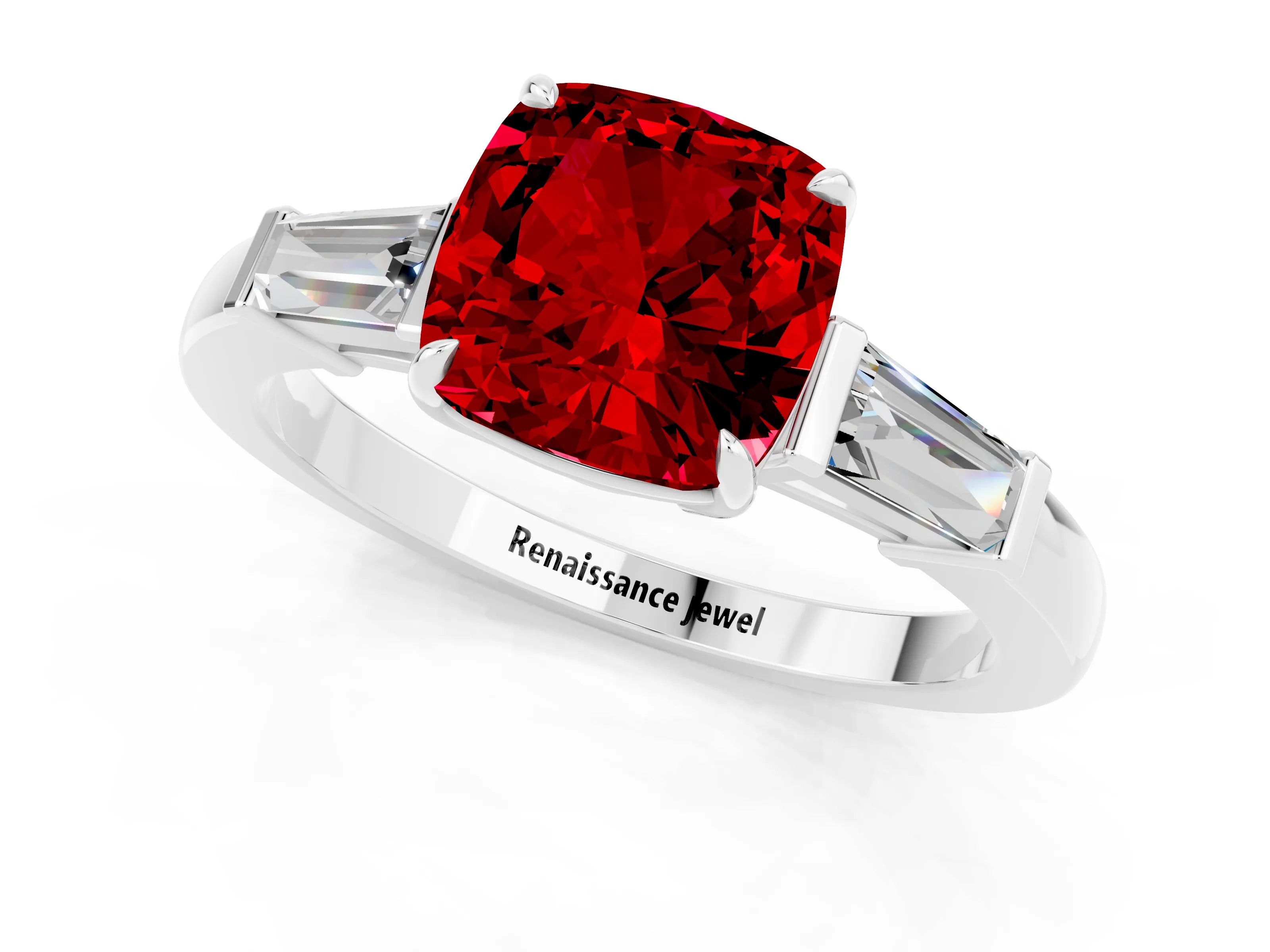 White gold Cushion Cut Cut Diamond Ring with Tapered Baguette Side Stones in Four-Prong Setting_1