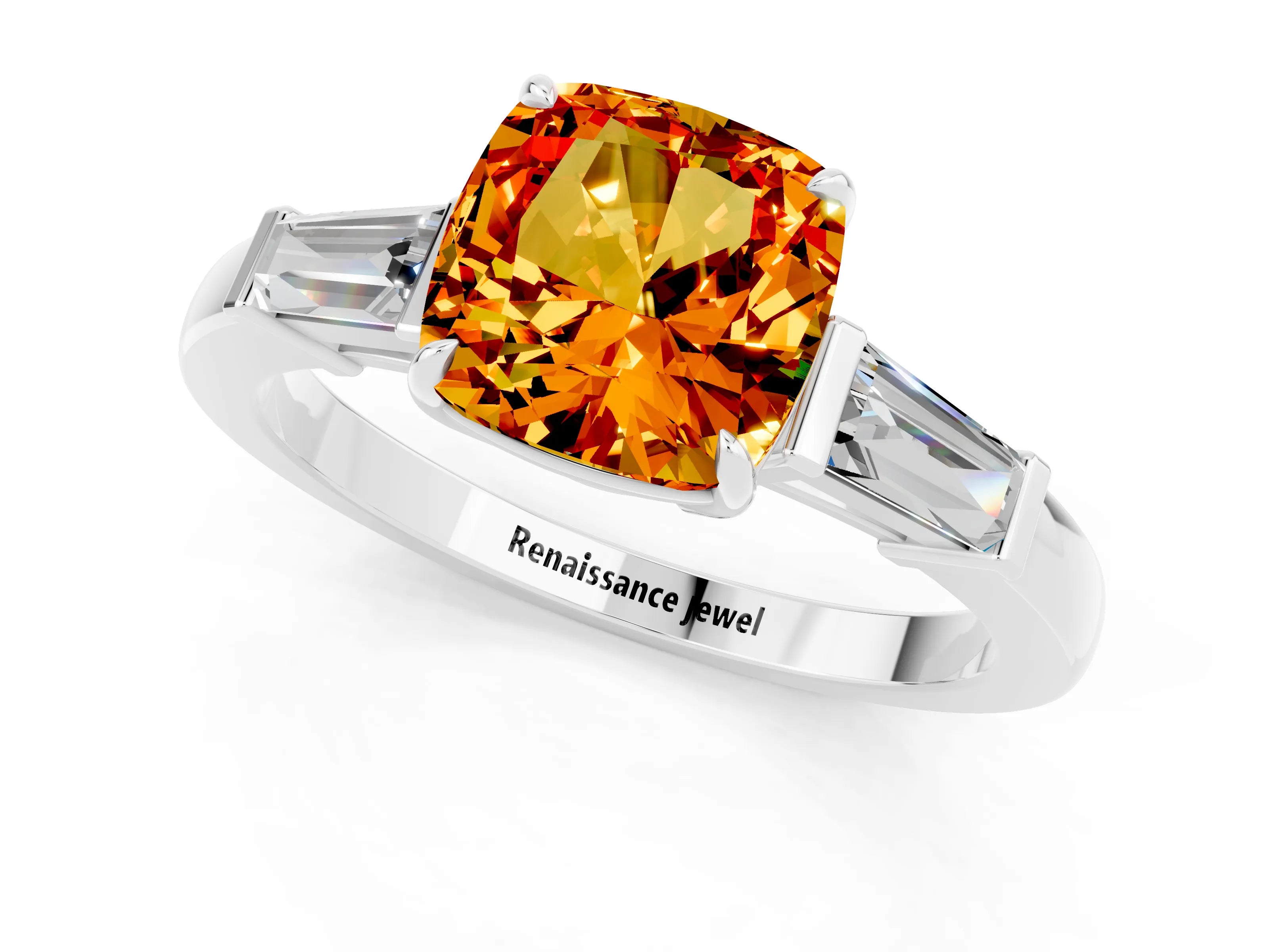 White gold Cushion Cut Cut Diamond Ring with Tapered Baguette Side Stones in Four-Prong Setting_1