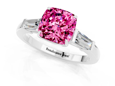 White gold Cushion Cut Cut Diamond Ring with Tapered Baguette Side Stones in Four-Prong Setting_1