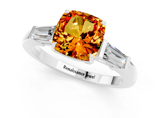 Platinum Cushion Cut Citrine Three-Stone Ring with Tapered Baguette Side Stones and Prong Setting